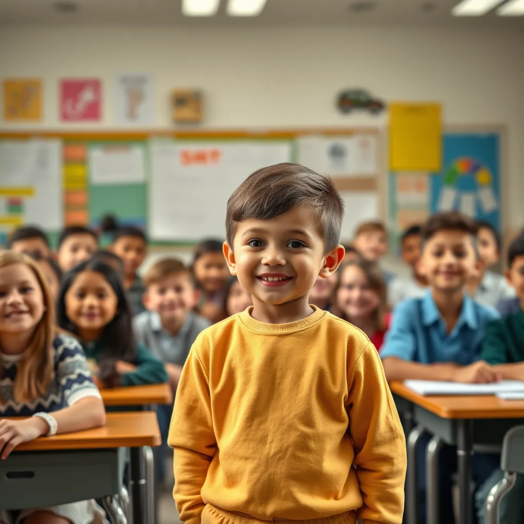 A young child standing proudly in front of the class, presenting a project to their classmates. The child is smiling confidently, with a sense of accomplishment. The classroom is filled with happy and supportive students.