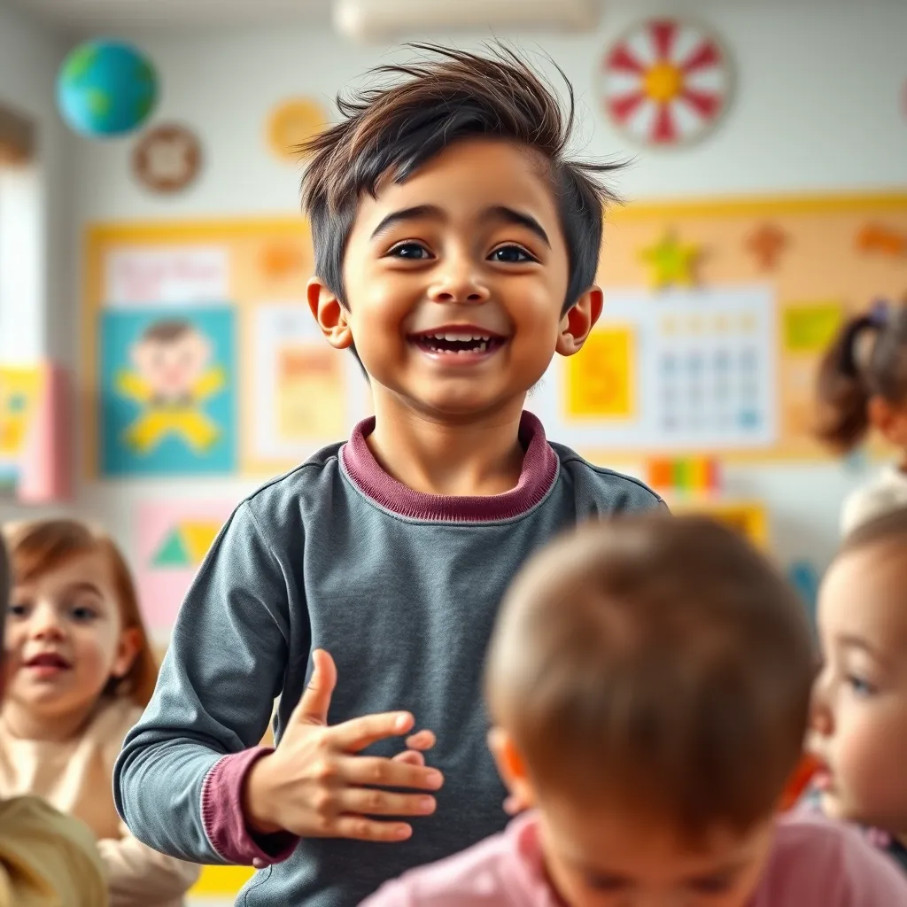 A young child with an energetic and charismatic personality, confidently leading a group of children in a playful activity. The background is a bright and cheerful classroom with colorful decorations and toys.  