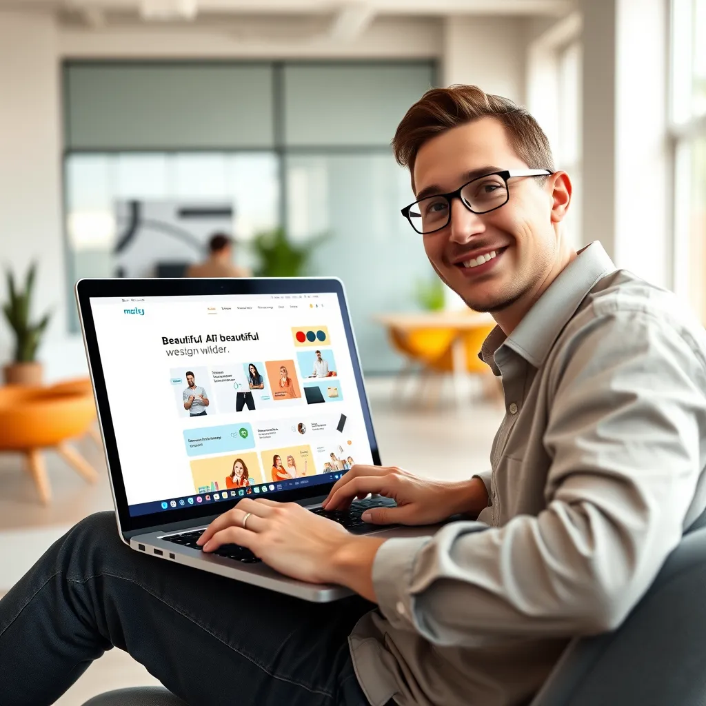 An image of a designer working on a laptop, using an AI-powered website builder to create a beautiful, modern website. The designer is smiling, confident, and excited about the process. The laptop screen displays a live preview of the website, with various design elements being manipulated by the AI tool. The background is a bright, modern office setting with a minimalist design, featuring sleek furniture, natural light, and vibrant colors. The image should capture the dynamic and collaborative nature of the AI-powered design process, showcasing the efficiency and creativity of the technology. Render the image in 8K resolution, with a soft, diffused lighting, focusing on the details of the laptop screen, the designer's face, and the surrounding environment.