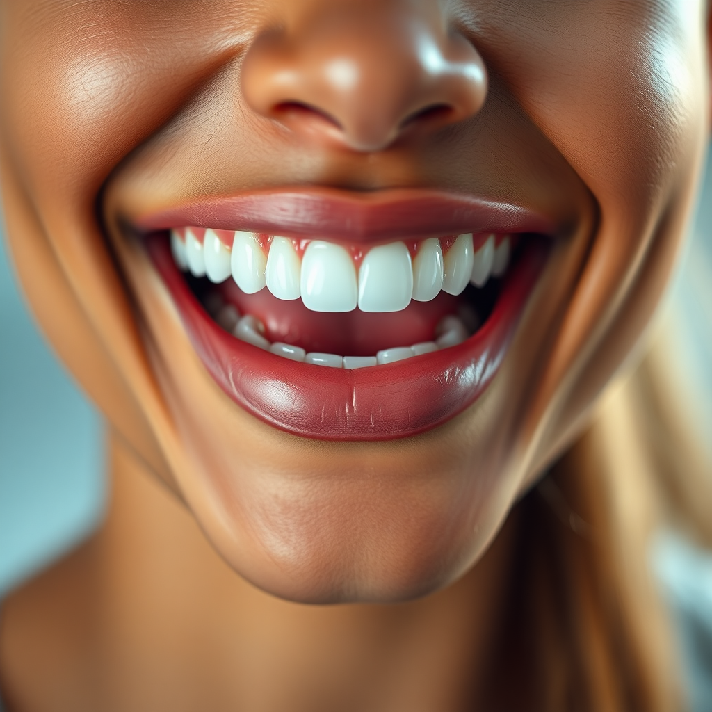 Close-up shot of a bright, healthy smile, showcasing perfectly aligned teeth. The lighting should be soft and flattering, highlighting the natural beauty of the teeth. The background should be blurred, drawing focus solely to the smile. Convey a sense of confidence, health, and beauty. 4K resolution, photorealistic style.