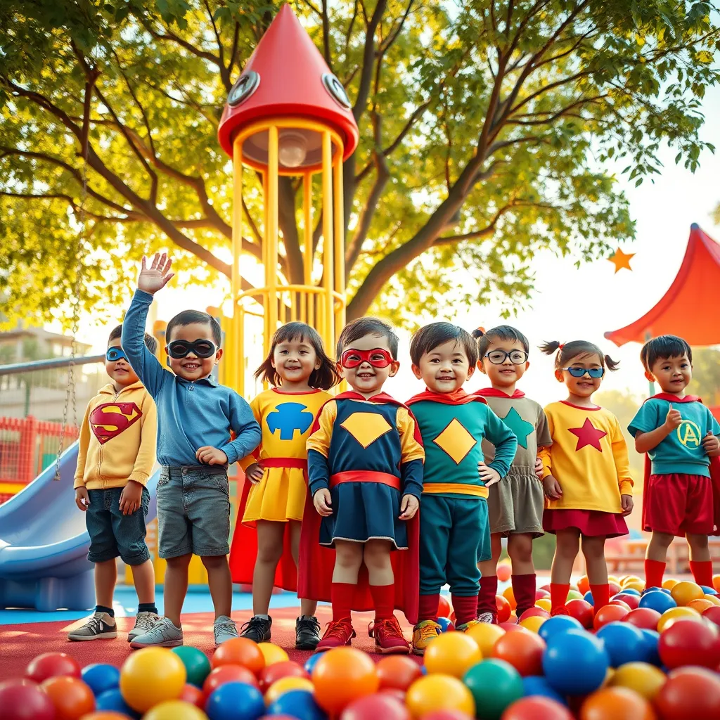 Generate a photorealistic, ultra-high quality image for a children's education business called 'Kiến Tạo Siêu Nhân'. The image should depict a group of diverse children, ages 5-8, dressed as superheroes, standing on a vibrant playground. The children should be expressing joy, excitement, and confidence, showcasing their unique superpowers. The playground should be filled with imaginative elements, such as a rocket ship slide, a cloud-shaped swing set, and a giant colorful ball pit. The lighting should be warm and inviting, with soft sunlight filtering through the trees. The overall color palette should be bright and playful, with a mix of primary colors and vibrant accents. The camera angle should be low, capturing the children from a slightly upward perspective, emphasizing their superheroic stature. The image should be rendered in 8K resolution, with hyperrealistic details, including textures like smooth, shiny superhero costumes, soft, playful playground surfaces, and vibrant, lifelike colors. The image should evoke a sense of wonder, adventure, and empowerment, reflecting the values of 'Kiến Tạo Siêu Nhân'.  Reference images could include popular superhero movies, children's playgrounds, and whimsical illustrations. , ultra high resolution, photorealistic, 8K, hyperdetailed, cinematic lighting