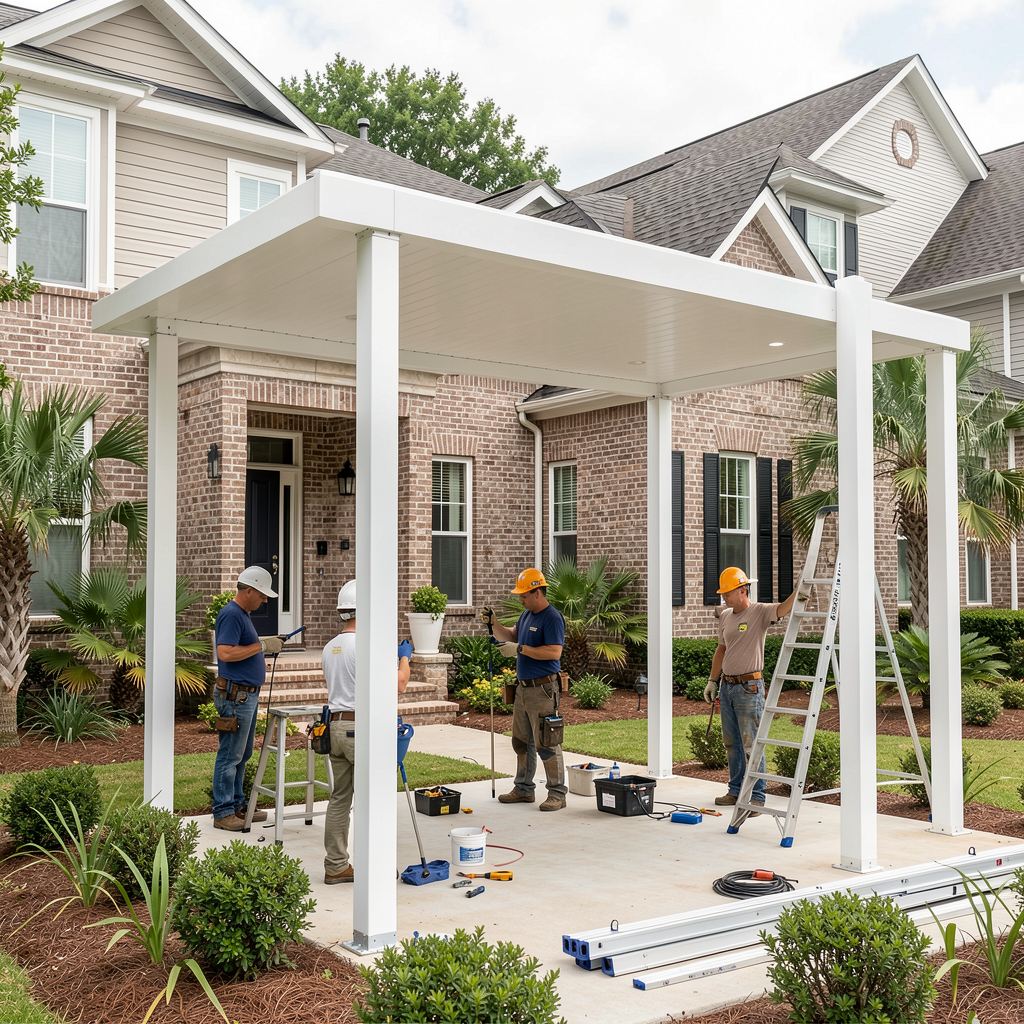 Professional crew installing an aluminum patio cover