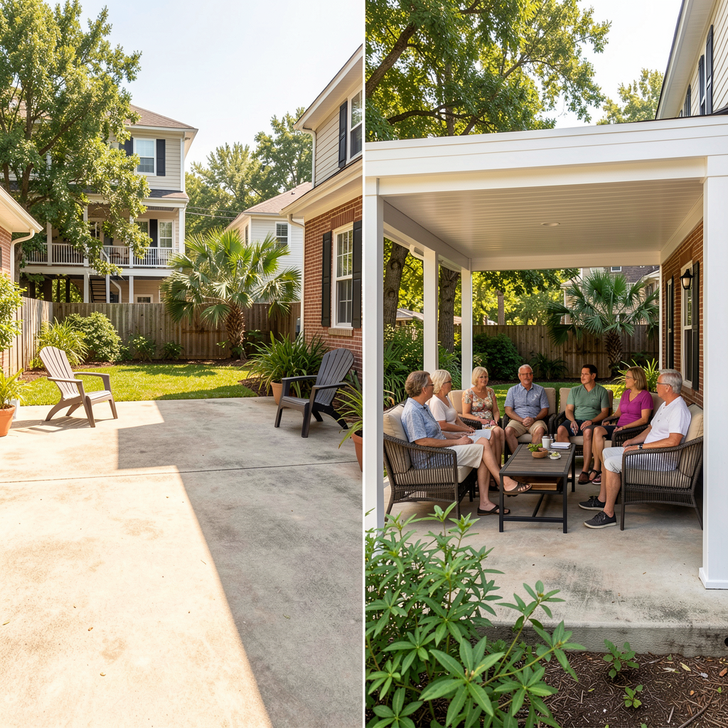 Before and after view of an uncovered and covered Louisiana patio