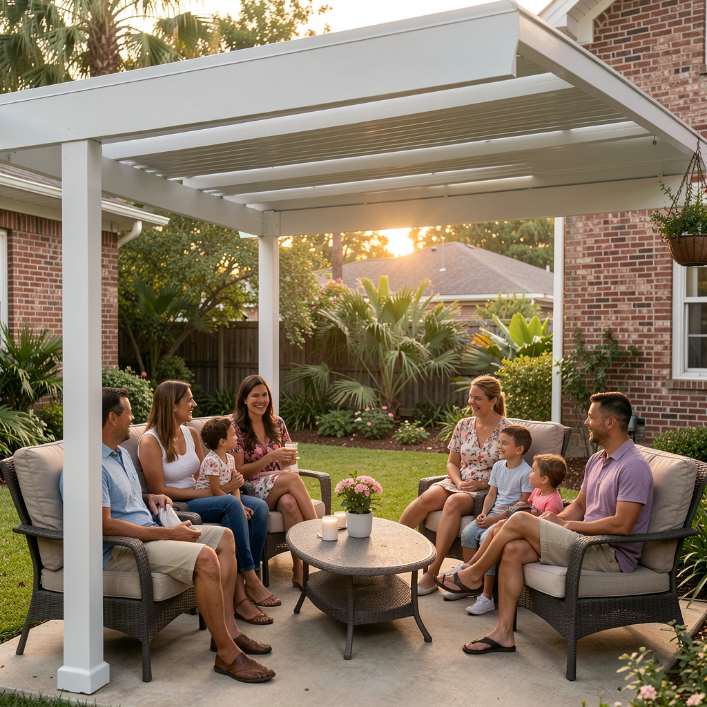 Family gathering beneath a shaded patio cover