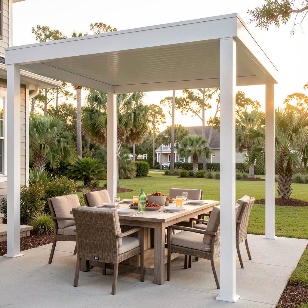 Outdoor dining area under a covered patio