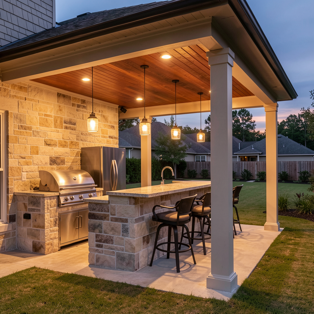 Covered outdoor kitchen and entertaining area
