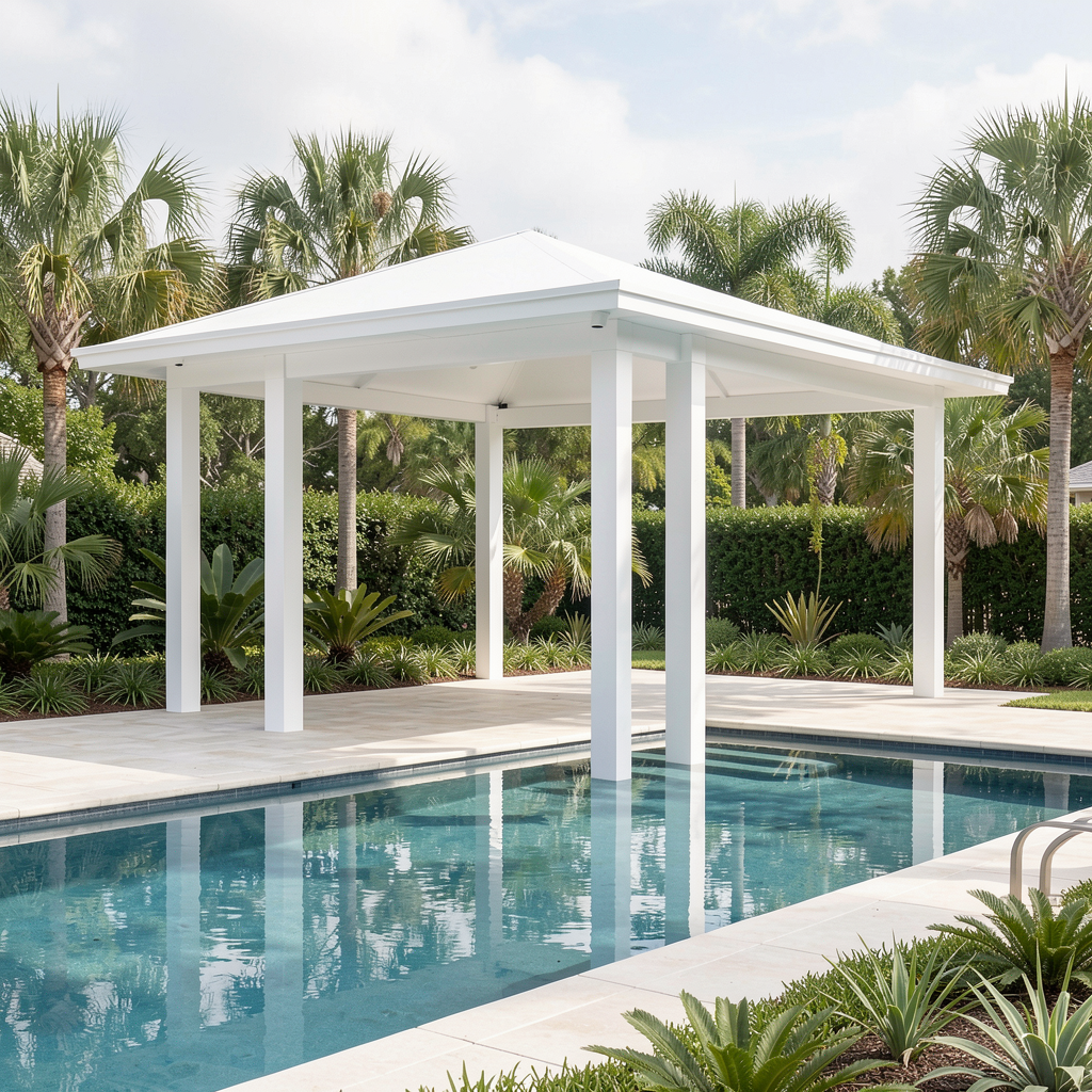 Freestanding patio cover beside a pool