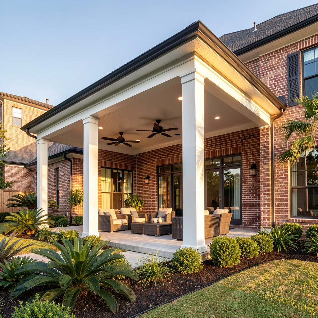 Completed custom patio cover attached to a Louisiana home
