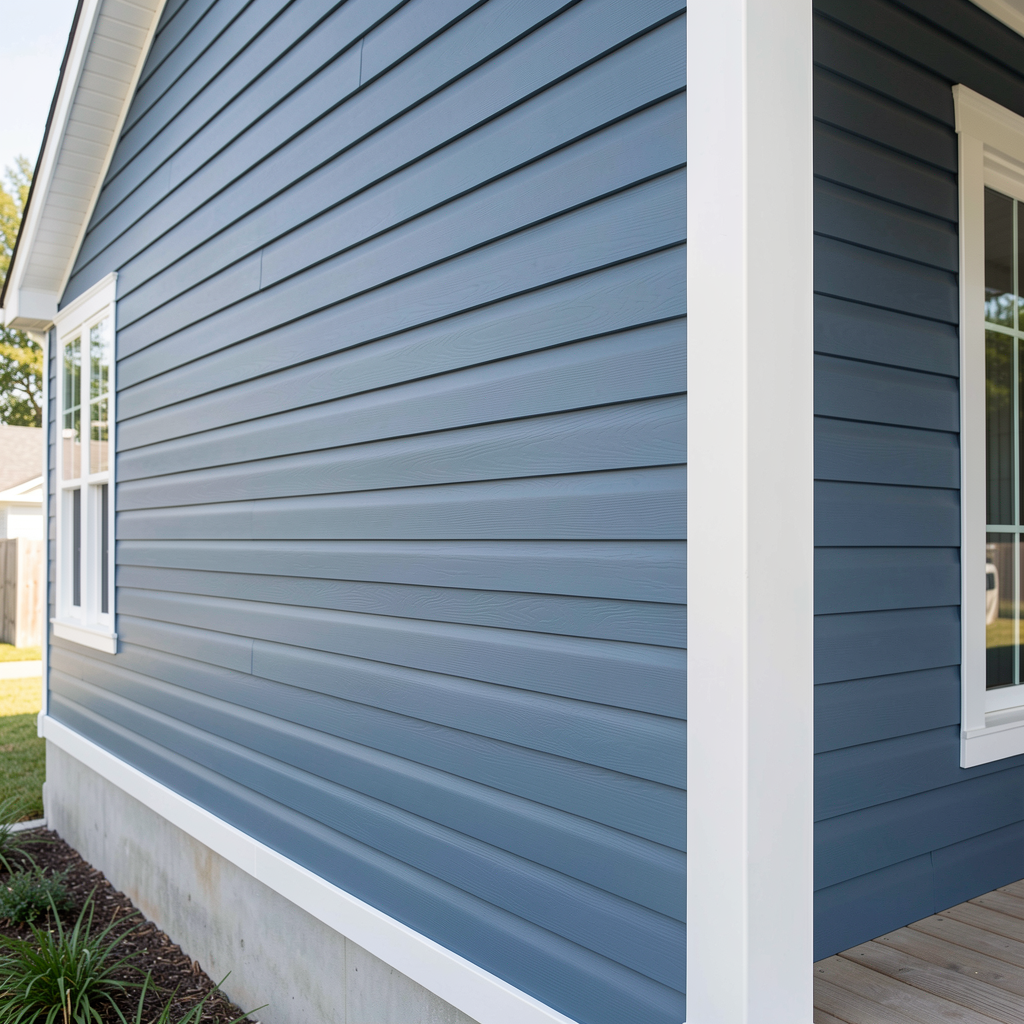 Blue vinyl siding on a renovated home