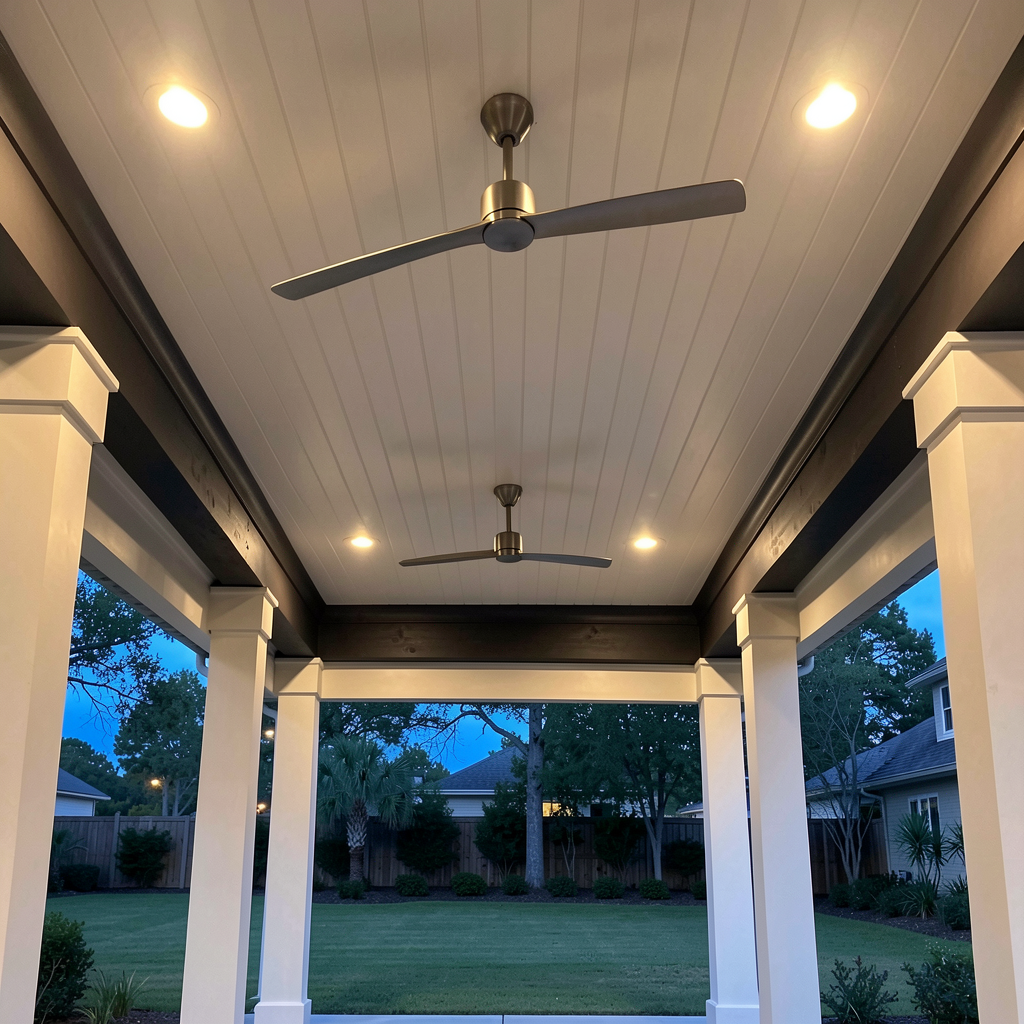 Finished patio ceiling with lights and fans