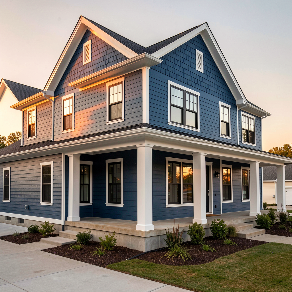 Completed blue Hardie board siding