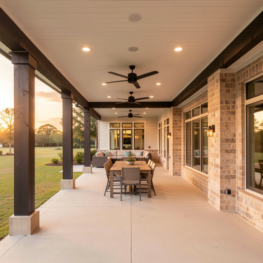 Large custom covered patio with finished ceiling