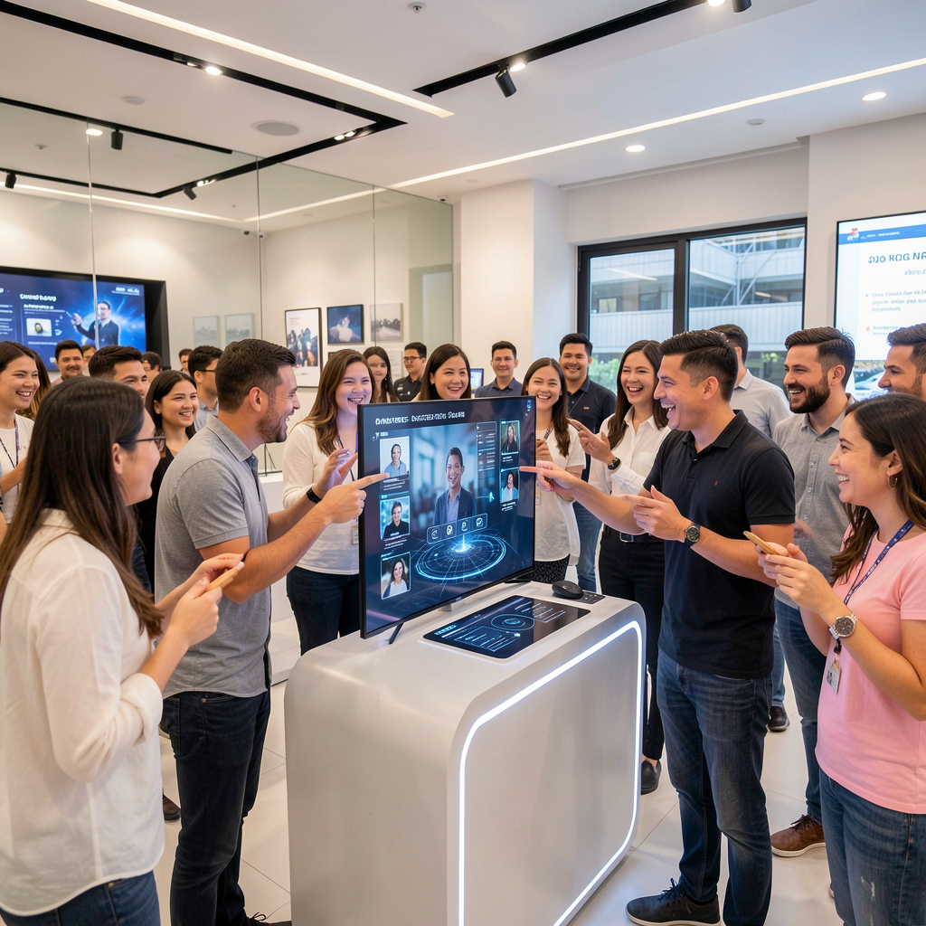 A modern office with a team of professionals working on computers, with charts and graphs on a large screen in the background. The scene should convey efficiency and organization.