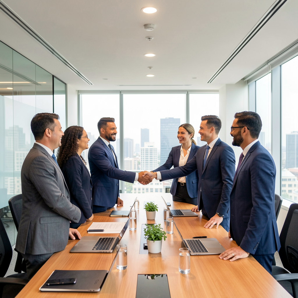 A businessman shaking hands with an accountant in a professional setting, symbolizing trust and confidence. The scene should depict a sense of security and compliance.