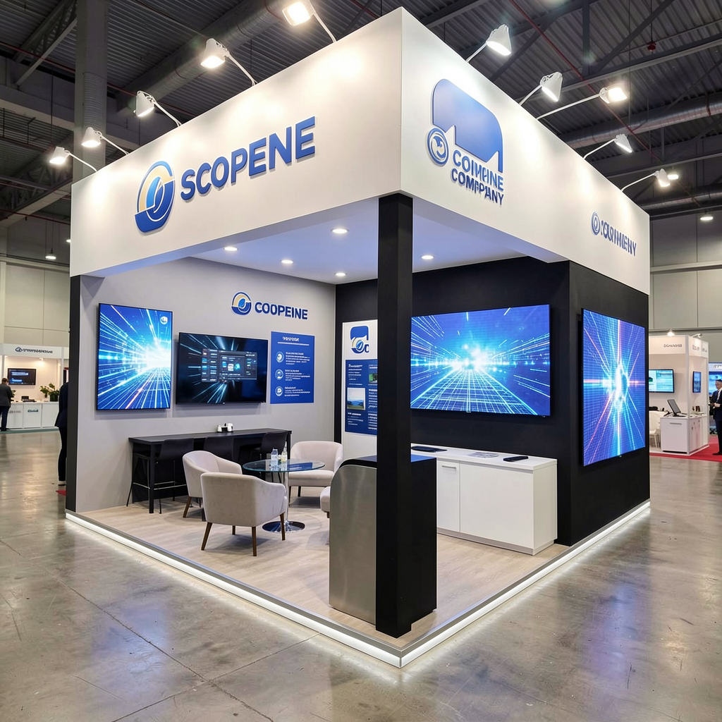 A modern office with a team of professionals working on computers, with charts and graphs on a large screen in the background. The scene should convey efficiency and organization.