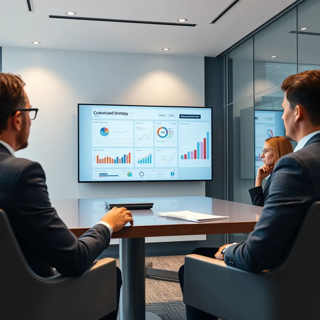 A business consultant presenting customized strategy plans to a client in a sleek conference room. Visuals of personalized graphics and charts on a digital screen, while the client looks engaged and intrigued, highlighting collaboration and personalized strategy.