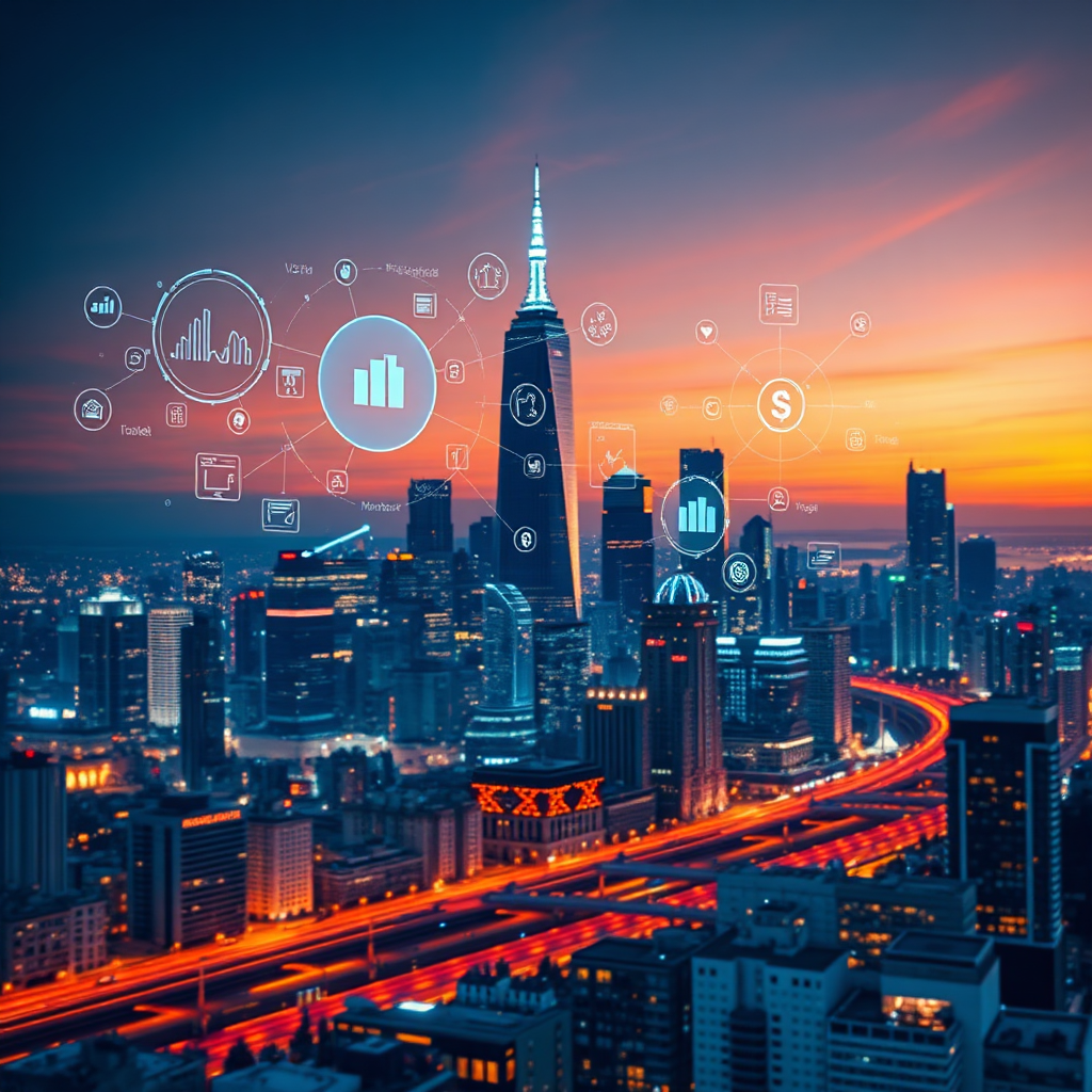 A captivating image embodying the essence of Sales and Marketing AI, showcasing a futuristic city skyline with digital overlay effects illustrating connectivity and growth. The composition utilizes a dusk setting, where the colors transition from warm oranges to cool blues, creating a vibrant contrasting palette. Elements like floating data streams, graphs, and icons representing various marketing tools should be artistically integrated into the scene. The camera angle is slightly elevated, focusing on the horizon with depth to convey ambition. The overall aesthetic is sleek and modern, designed to inspire a sense of progress. Rendered in 4K resolution for impressive detail.