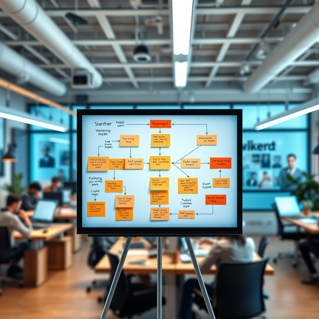 A captivating representation of a flowchart for marketing automation depicted on a digital board, with vibrant notes and arrows indicating the workflow. The background is an inspiring modern workspace filled with creative professionals working. The lighting is bright and inviting, with a color palette of blues and oranges to evoke enthusiasm and energy. The camera angle captures the intricate details of the flowchart sweetly, highlighting the complexity and efficiency of marketing automation.