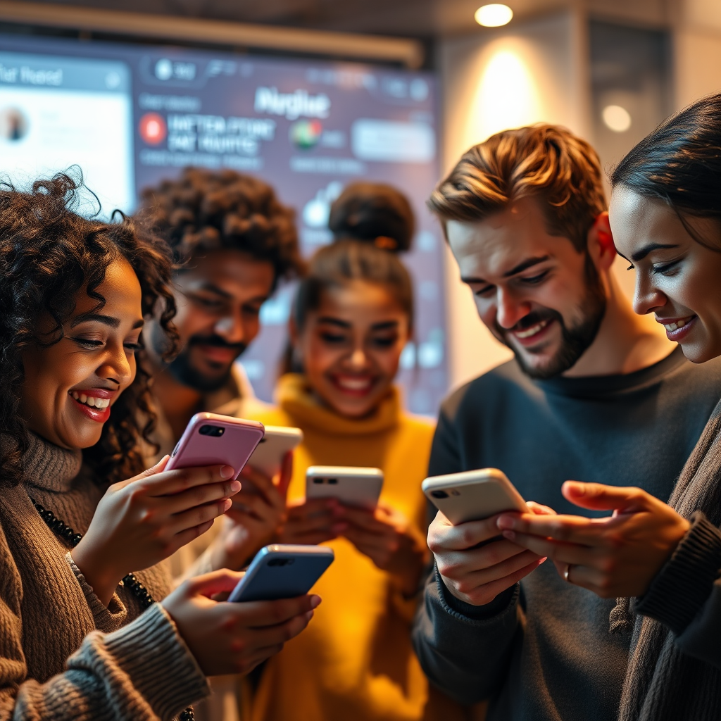 A close-up image of diverse customers interacting with AI chatbots on their smartphones, with their reactions visible. The background features a digital interface suggesting an engaging experience. Soft, warm lighting captivates the viewer and humanizes the technology. The color palette consists of complementary pastels that signify friendly interaction. The camera should focus on customer expressions and the devices in use, creating a relatable scene that speaks to the integration of AI in our daily lives.
