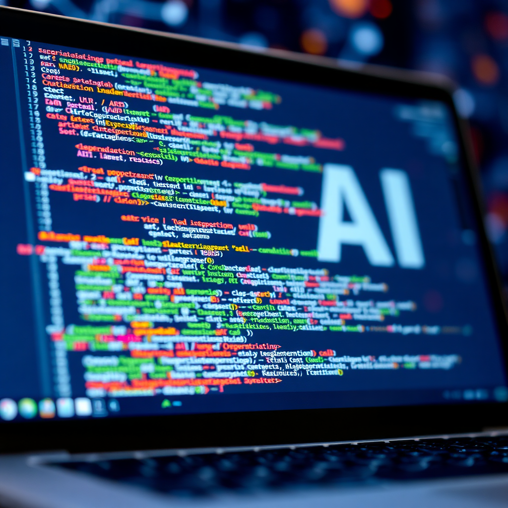 A close-up of a laptop screen displaying complex code and algorithms related to AI integration. The background should be blurred with dynamic visual elements representing machine learning and AI capabilities.