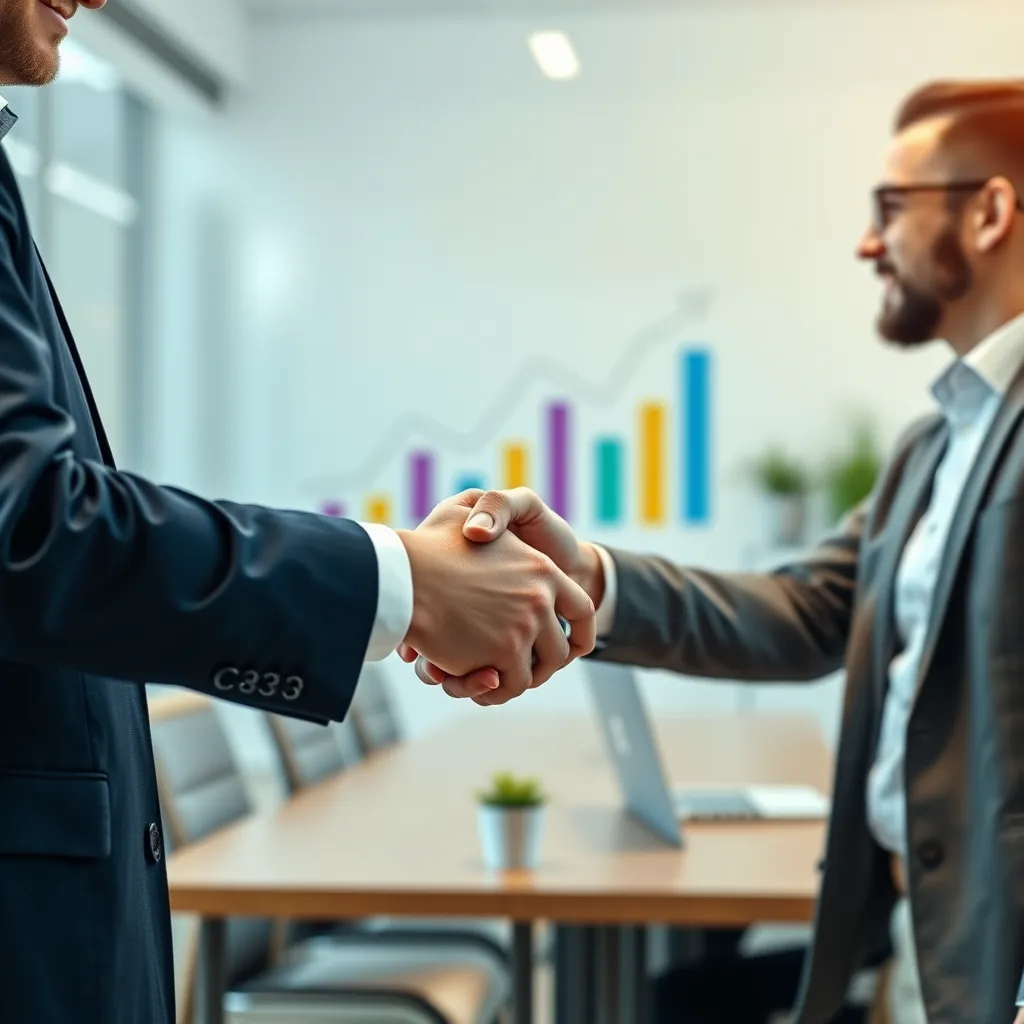 A close-up of a successful business meeting where a consultant is shaking hands with a client in a bright, professional office. The background features charts representing growth and success projecting a sense of partnership and achievement.