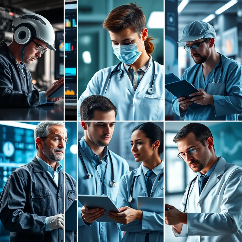 A collage of images representing various industries such as tech, healthcare, and finance. Each sector is illustrated with professionals in action, like engineers, doctors, and financial analysts, symbolizing broad expertise and collaboration.