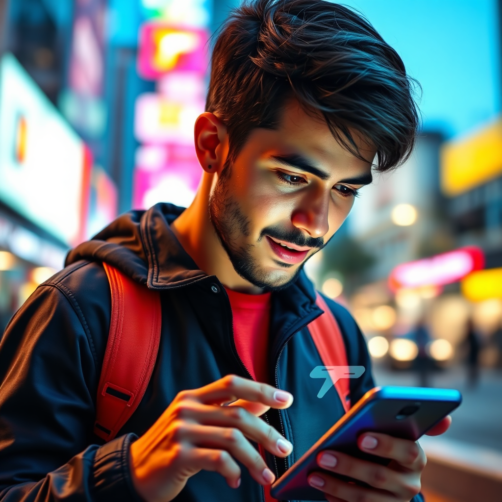 A compelling image of a customer interacting with an AI chatbot on a smartphone, set against a vibrant, tech-savvy urban background. The colors are vivid and eye-catching, with the lighting accentuating the device's screen and the user's facial expressions, creating an engaging moment that represents modern communication.
