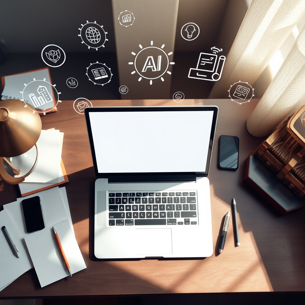 A conceptual image showcasing an open laptop on a stylish desk, surrounded by notepads and devices, with floating icons of AI tools and marketing strategies above it. Soft, natural light illuminates the workspace. The color palette merges earthy tones with metallic accents, suggesting a blend of creativity and technology. The angle is slightly overhead, highlighting both the open laptop and the innovative digital icons. This image should convey the fusion of traditional business and modern innovation in a harmonious manner.