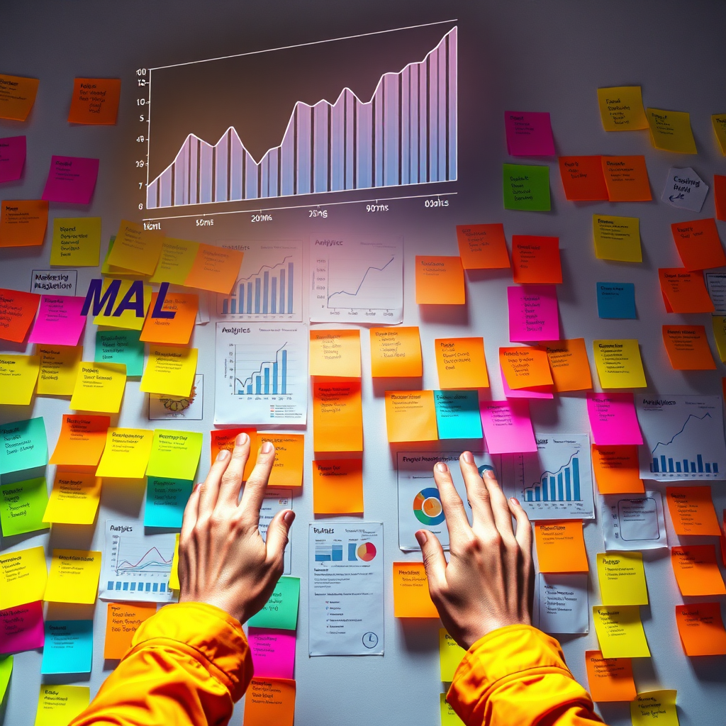 A creative depiction of a marketing planner's wall filled with vibrant post-it notes and charts, with an overlay of analytics metrics superimposed above. The lighting is energetic, and the colors are bright and diverse, symbolizing creativity and strategy. The camera captures an angle that showcases the planner’s hands actively moving notes around, reflecting the dynamic nature of campaign development. This image should convey a sense of organization and innovation in a high-resolution style.