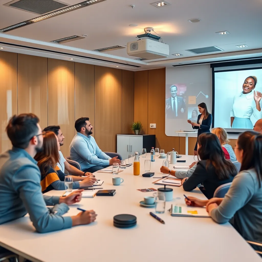A diverse group of professionals participating in a leadership workshop, engaging in interactive activities; a motivational speaker leading the session, with inspiring visuals on a projector in a bright conference room.