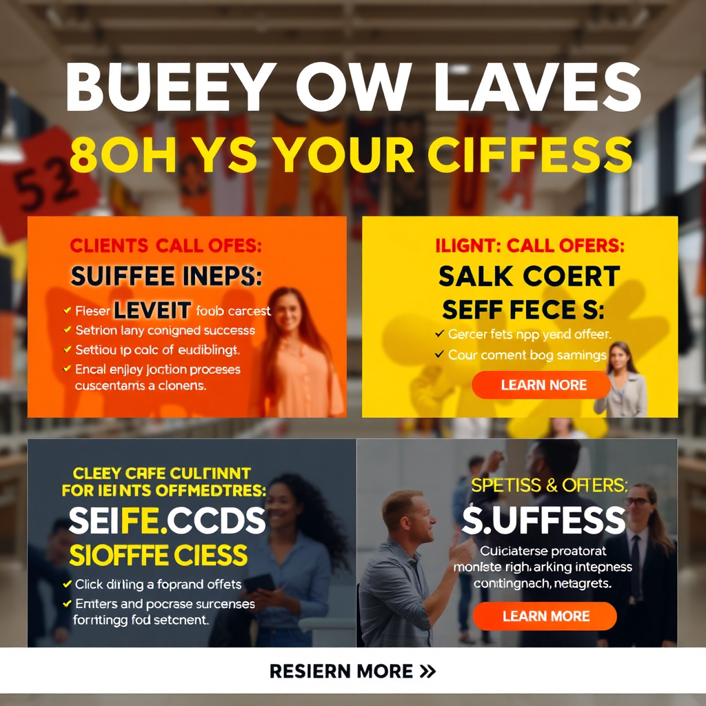 A dynamic and colorful promotional banner displaying various special offers for clients, with engaging visuals of success stories in the background. The design features bright colors like red and yellow to grab attention, with clear, bold text. The atmosphere should feel celebratory and inviting, encouraging viewers to learn more. The image should be modern and commercial, crafted in high-quality detail.