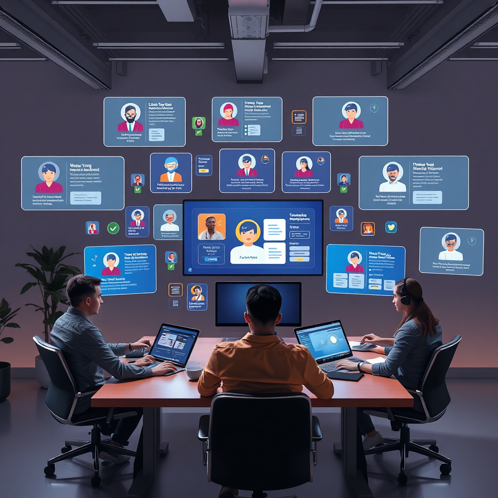 A dynamic representation of a team customizing marketing strategies, surrounded by digital interfaces displaying various client profiles and tailored marketing plans. The workspace feels vibrant, with strong contrasts in lighting enhancing focus on creative pitches, symbols, and high-tech interaction zones.