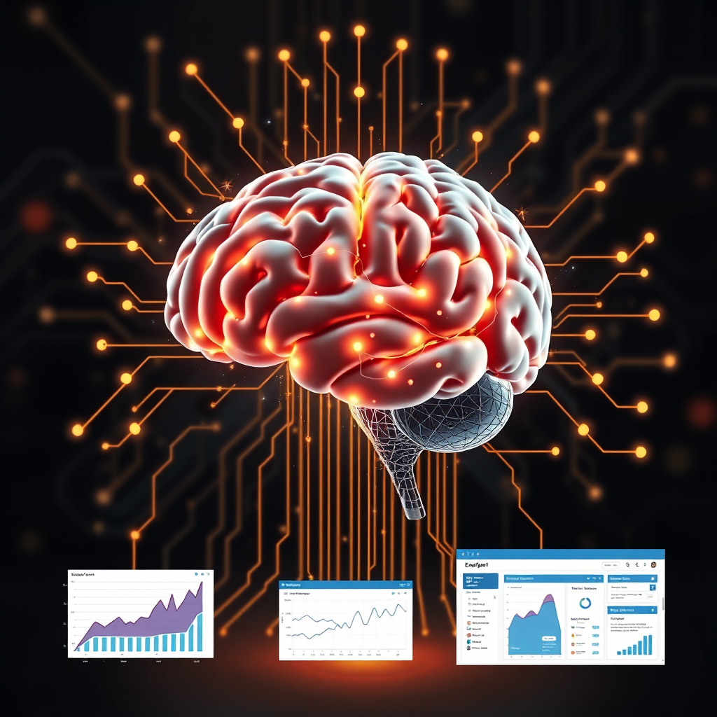 A futuristic image of an AI brain integrated with digital circuits, symbolizing the convergence of artificial intelligence and web development. Elements like data analytics graphs and user interface mockups should be integrated into the design.