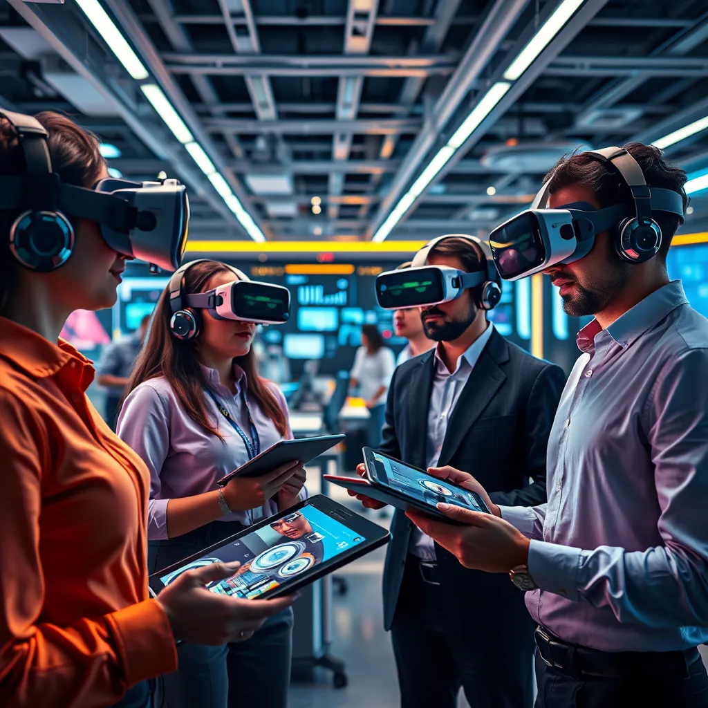 A futuristic workspace where a team of professionals interacts with advanced technology such as VR/AR headsets and tablets displaying innovative applications. The environment is dynamic and vibrant, illustrating innovation and technological integration in business growth.