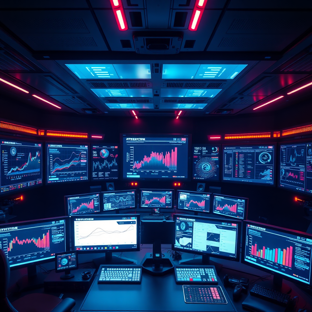 A high-tech control center view filled with screens showing predictive analytics and sales forecasts. The center is dimly lit to enhance the glowing screens, creating a futuristic ambience. The color scheme includes dark backgrounds with neon accents to signify advanced technology. The composition captures various digital tools and data displays, emphasizing the real-time decision-making aspect of AI. The image should feel immersive and cutting-edge in style.