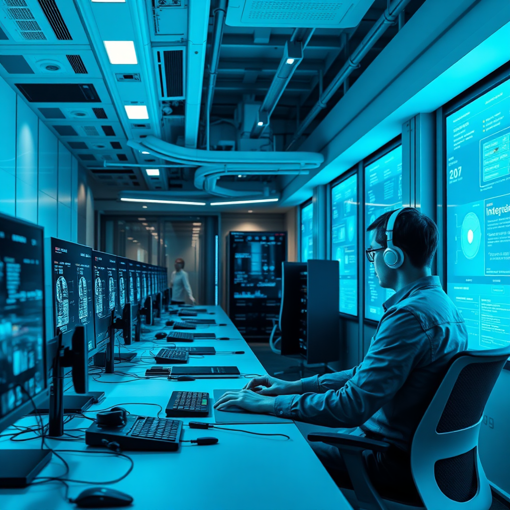 A high-tech workspace where IT specialists are integrating marketing technologies into business systems. The environment is futuristic, featuring modern interfaces and technology setups. Soft blue lighting underscores the high-tech aspect, while clear screens displaying integration processes enhance focus.