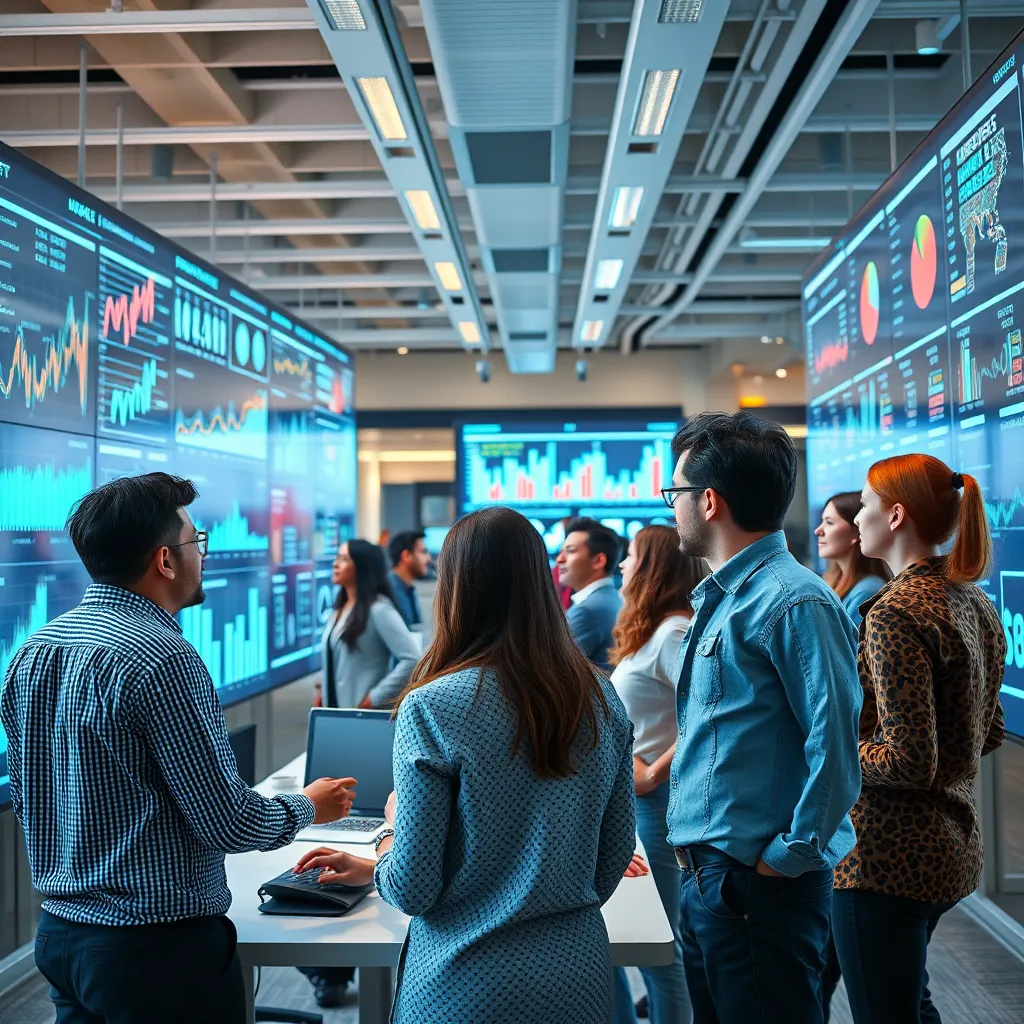 A modern office space with a diverse group of professionals analyzing large visual data screens showing graphs and charts. Bright, interactive displays, a collaborative atmosphere, and a sense of focused teamwork, emphasizing data-driven decision making.