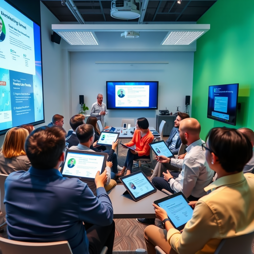 A motivational scene of a training session in progress, with participants engaging with AI-enhanced learning tools. The room is bright and modern, filled with digital tablets and projection screens. A color palette of blues and greens promotes focus and energy, while the lighting centers on the active discussions happening throughout the space.