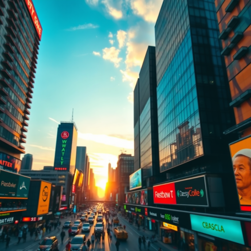 A panoramic view of a bustling urban setting featuring skyscrapers with digital displays indicating growth and progress, against a sunset backdrop. The color palette features a blend of warm and cool tones, reflecting the vibrancy of a thriving market. The angle is wide and expansive, highlighting the metropolis's energy. This image symbolizes opportunity and advancement, captured in a photorealistic manner.