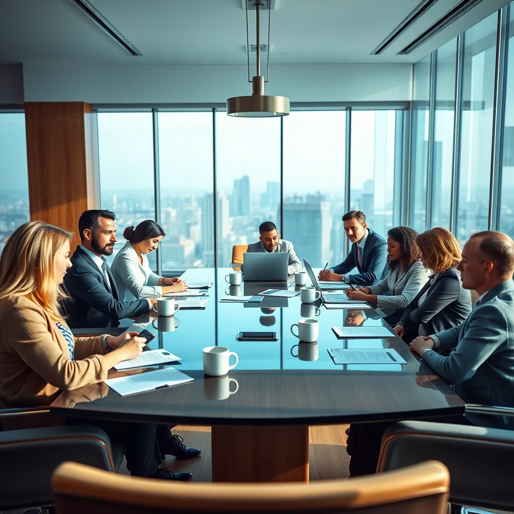 A photorealistic image depicting a diverse team of consultants engaged in a brainstorming session around a sleek, modern conference table. The lighting is soft and diffused, creating a warm and inviting atmosphere. The color palette features cool blues and warm wood tones, evoking a professional yet approachable mood. The camera angle is slightly elevated, capturing the layout of documents, laptops, and coffee cups, showcasing an intense yet collaborative environment. The textures of polished wood and shiny metal are contrasted against plush upholstery in the chairs. In the background, a large glass window reveals a city skyline, adding a dynamic element. Style references include the works of Richard Avedon for its clarity and composition. Technical specifications call for 8K resolution, ensuring every detail is hyperrealistic and ultra-detailed.