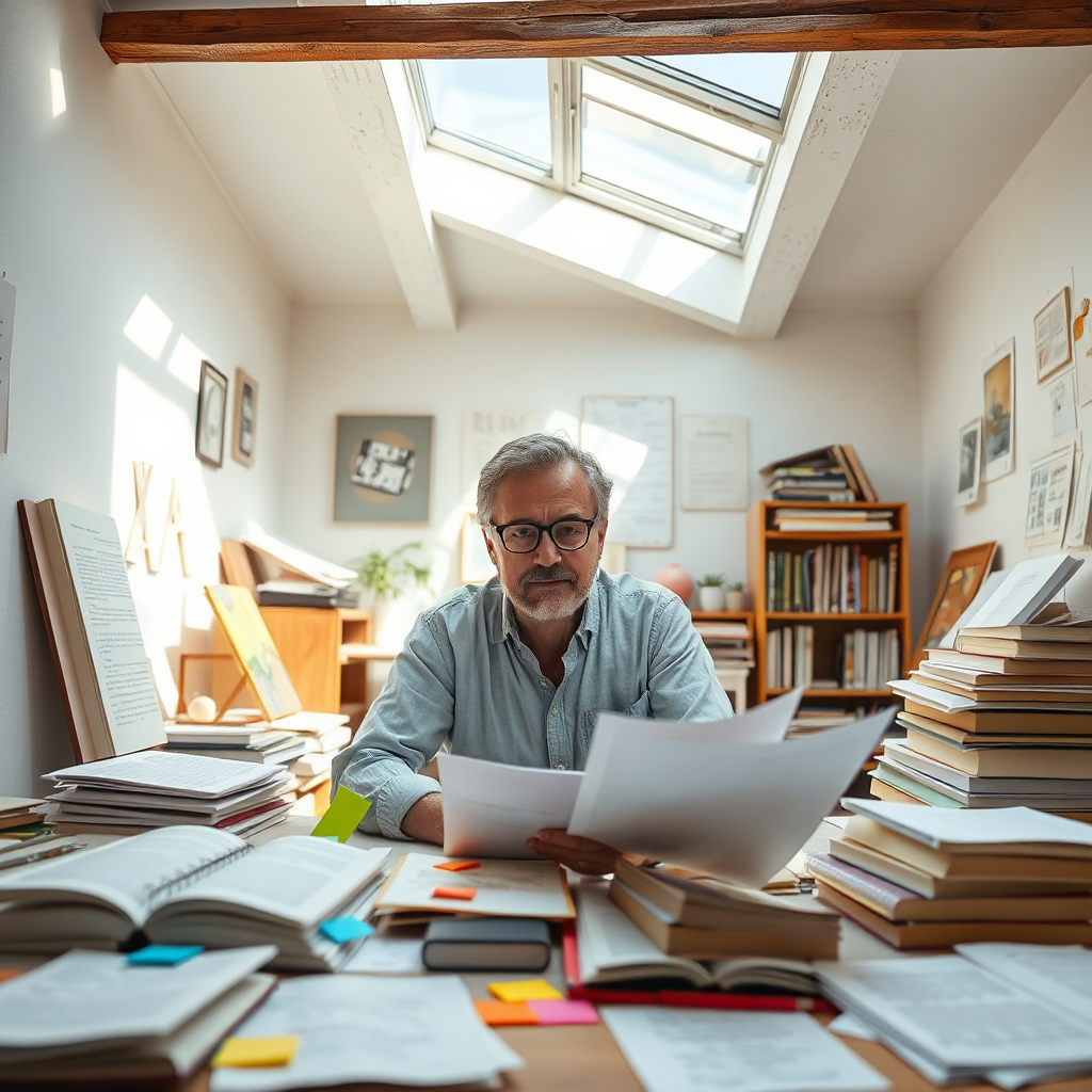A photorealistic image highlighting an author surrounded by manuscripts and notes in a creative studio. The space is filled with natural light streaming through a skylight, creating an inviting working atmosphere. The color palette features soft whites and blues, contributing to a calm and focused energy. The camera captures the author's engagement with the creative process and vibrant materials such as sticky notes and printouts. Textures include smooth paper and wooden surfaces. Style references include artistic studios dedicated to the craft of writing.