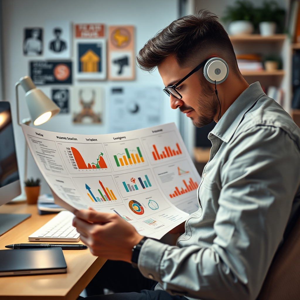 A photorealistic image of a content creator analyzing multiple income streams at a well-organized home office. The environment is filled with creative tools and representations of various media. Bright, focused lighting enhances the workspace. The color palette is modern, with neutrals accented by vibrant decor. The camera angle captures the author’s investment in making a plan, as they juxtapose different income diagrams. Textures include soft furnishings and structured surfaces. Style references channel productive home office aesthetics.
