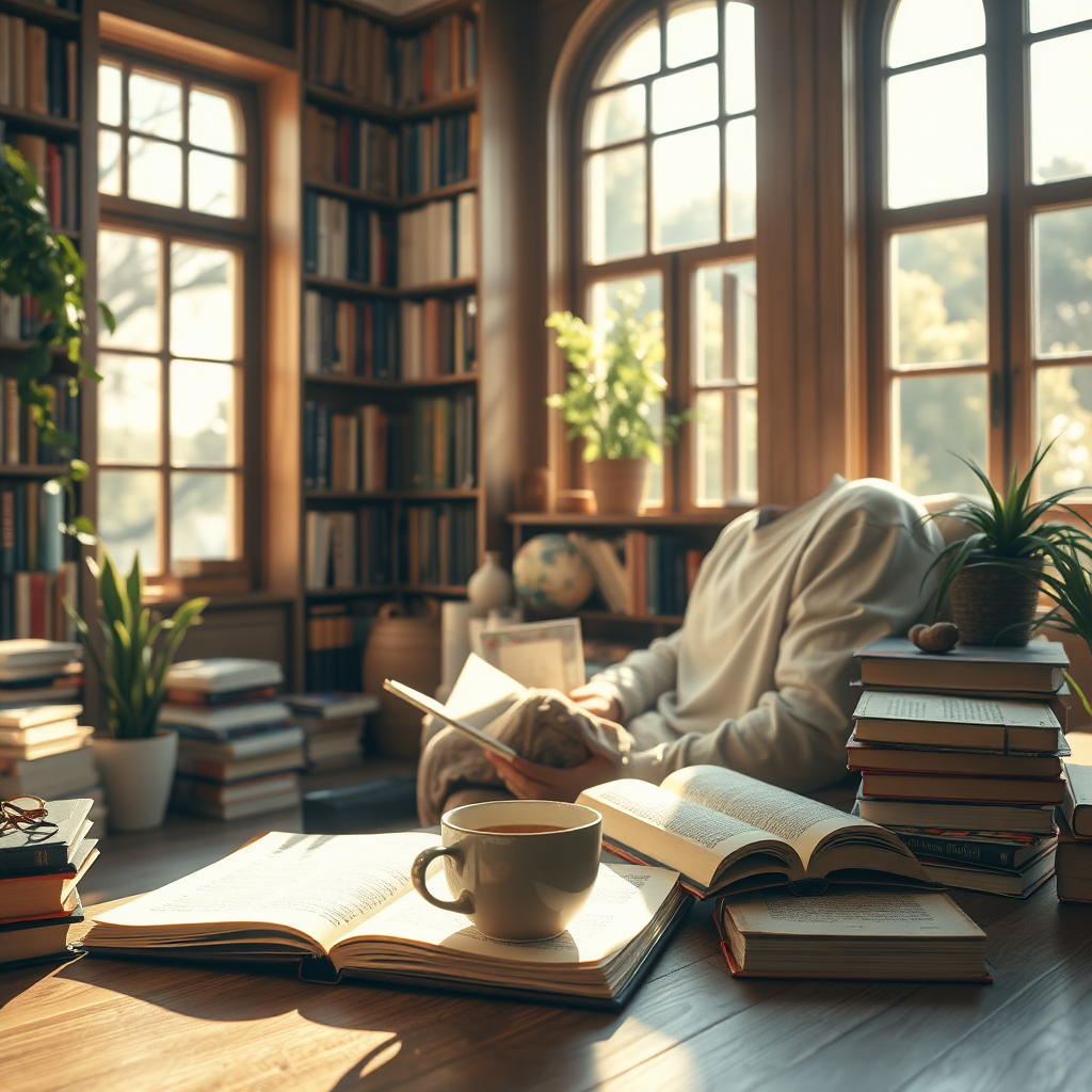 A photorealistic image of a contemplative author in a sunlit library, surrounded by books. The scene shows an inviting reading nook with a comfy chair and a writing desk full of stationery. Warm sunlight filters through a large window, casting a golden glow. The color palette features earthy tones with hints of green from houseplants. Close-ups include a steaming cup of tea and open notebooks with handwritten notes. The textures of the soft fabric and wooden desk enhance immersion. The style references cozy reading corners in modern homes.
