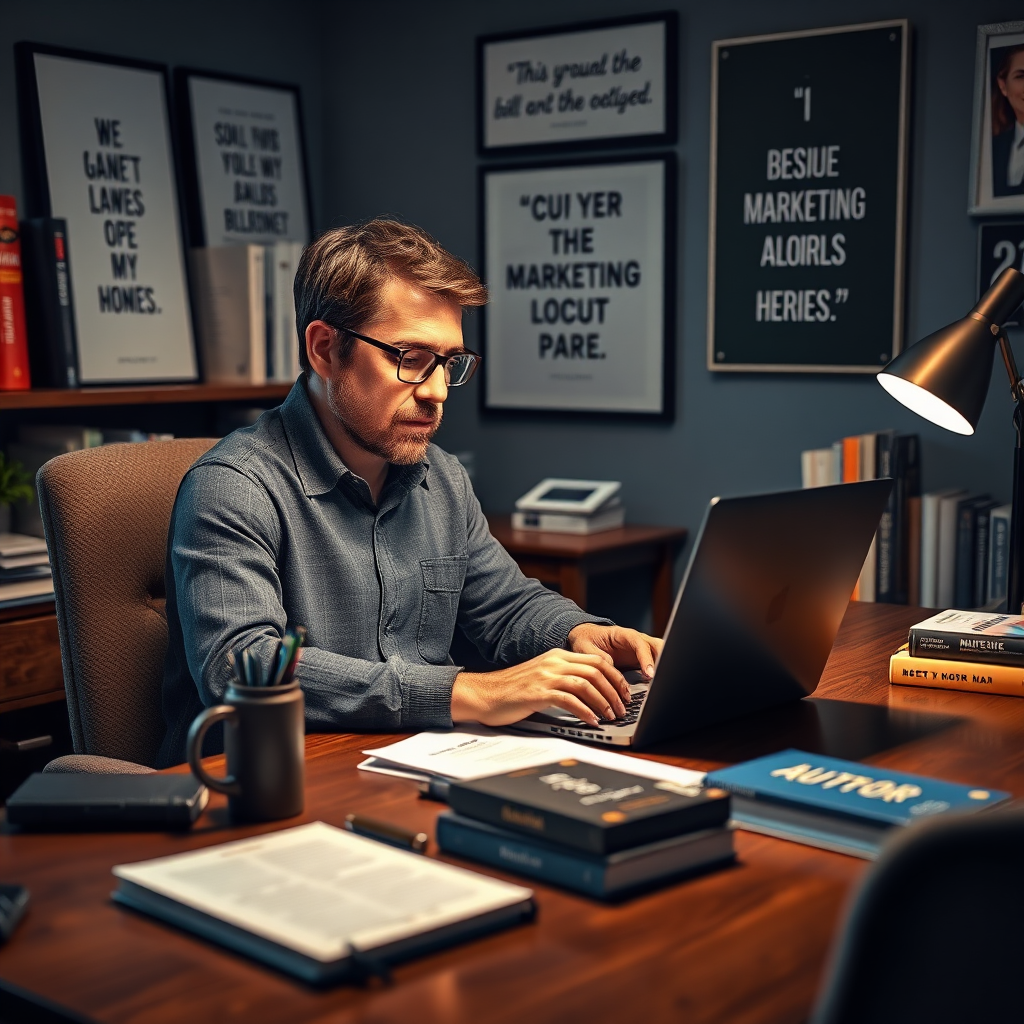 A photorealistic image of a focused author at their desk, analyzing marketing data on a laptop. The scene is set in a stylish home office, decorated with books and inspirational quotes. Warm, focused lighting highlights the author's concentration, with a color palette of blues and greys creating a professional mood. The texture of the polished desk contrasts with the cozy warmth of a plush chair. Relevant props include a planner, marketing books, and branded merchandise. Style references draw from minimalistic and functional home office designs.