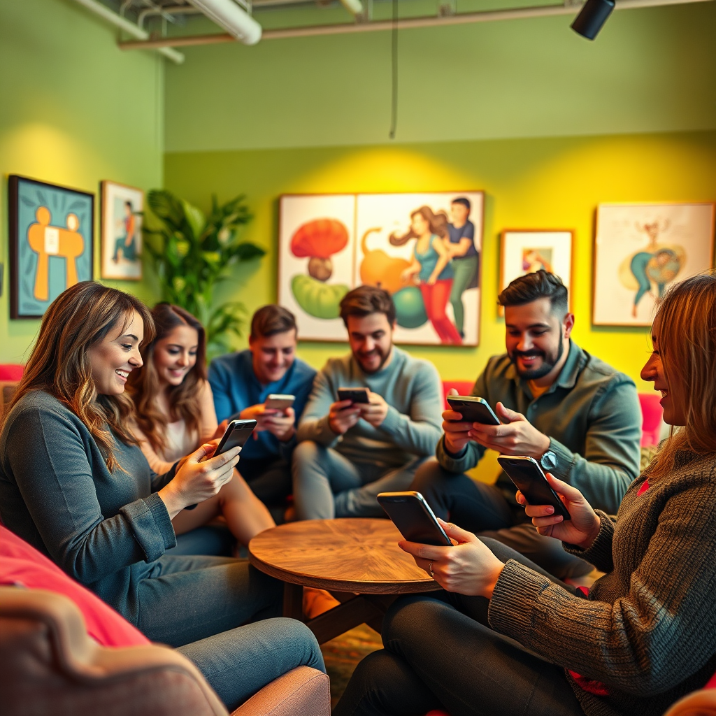 A photorealistic image of a group of authors engaging in a lively discussion over their smartphones, seated in a friendly group setting. The environment is casual yet inspiring, featuring bright artworks and comfortable seating. Vibrant lighting creates an inviting mood as colors burst from the decor. The camera angle captures the excitement and collaboration among the participants. Textures include cozy fabrics and the sleekness of mobile devices. Style references reflect modern community interactions in shared spaces.