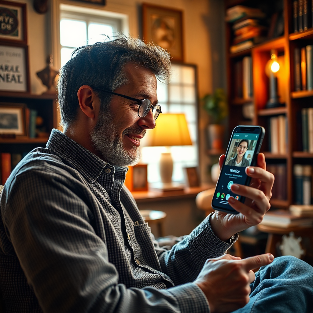 A photorealistic image of a mentor author speaking directly into their phone for a WhatsApp video call with a mentee. The setting is a cozy study adorned with books and inspirational decor, illuminated by soft light. The color palette is rich with deep wood tones and warm highlights. The camera angle captures the cozy intensity of the conversation, focusing on the mentor’s expressions of enthusiasm. Textures are detailed with the richness of the room. Style references include personal mentoring sessions in inviting spaces.