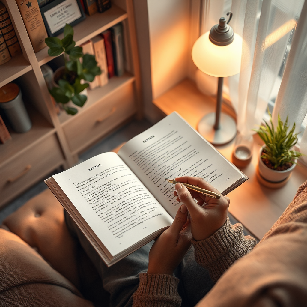 A photorealistic image of an author carefully revising their manuscript in a cozy nook. Soft, ambient light adds warmth, highlighting pages filled with notes and edits. The environment is inviting, with decorative elements like bookshelves and plants. The color palette is soothing with pastel colors. The camera angle is slightly above, emphasizing the author's focus on their work. The textures showcase the smoothness of the paper and the warmth of the wooden furniture. Style references include serene, personal writing spaces.
