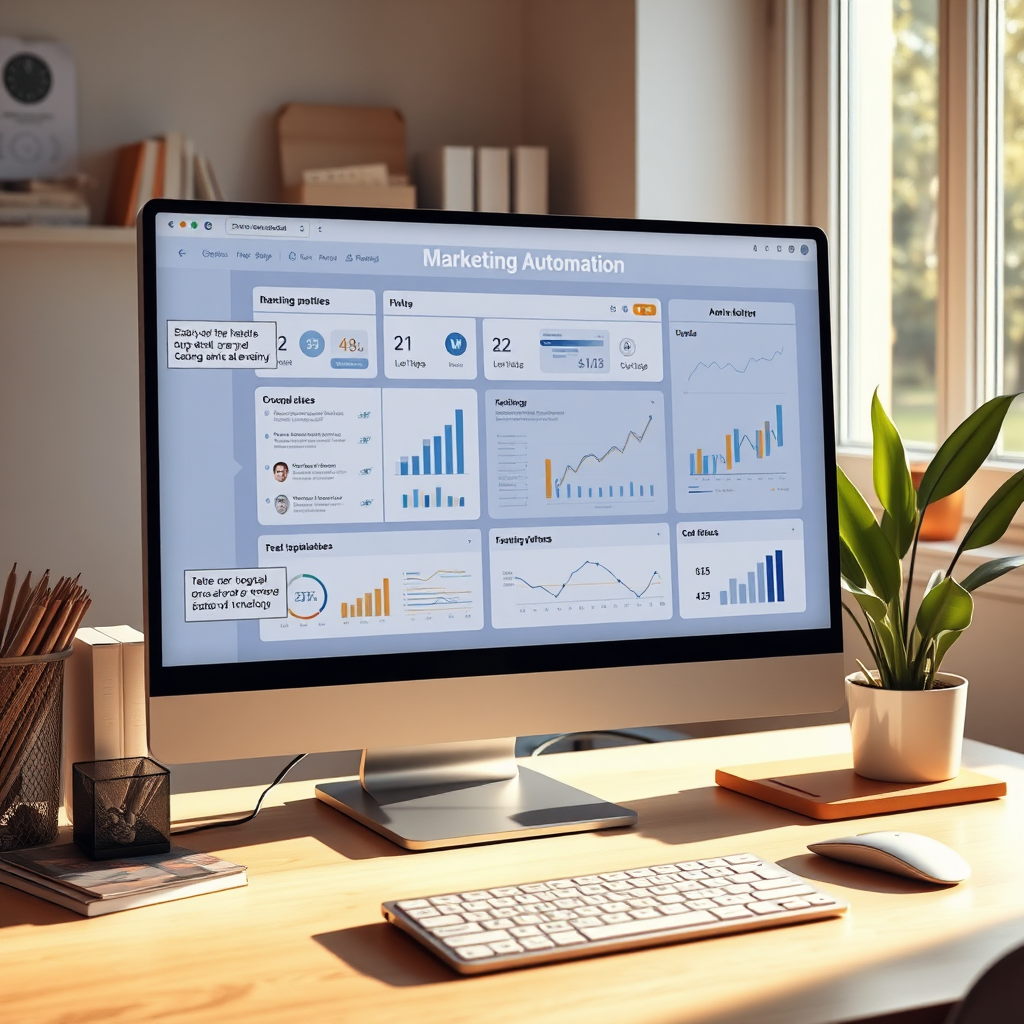 A photorealistic representation of a marketing automation software interface displayed on a desktop with a clean and organized workspace. The outlining features vividly showcase automated workflows, with graphs and charts emphasizing the data-driven approach. Warm, natural lighting streams in from a nearby window, softly highlighting the workspace and creating a welcoming atmosphere.