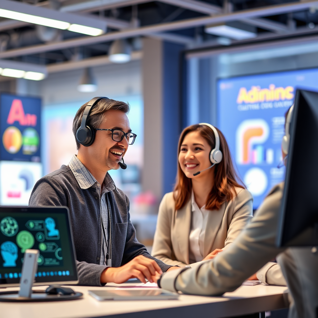 A photorealistic scene of a customer service representative engaging with a client using AI tools in a bright, professional setting. The background showcases branded elements and lively colors, along with props like headsets and customer interaction displays. The focus is on the positive interaction, with soft lighting that emphasizes satisfaction and connection.