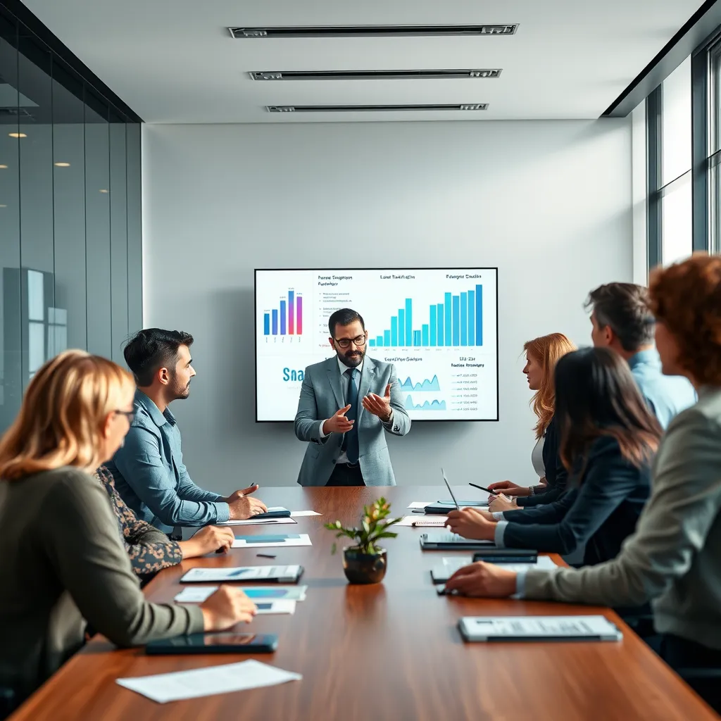 A professional consultant in a modern office setting, discussing with a diverse group of businesspeople over a large conference table, showcasing charts and data on a digital screen, emphasizing collaboration and tailored strategies.